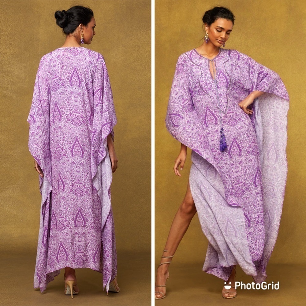Nicoblu Violets Kaftan With Jewel Tassels &‎ Neckline Embellishment Purple 1X-4x
